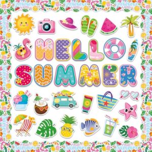 58Pcs Summer Bulletin Board Decorations Set Hello Summer Cutouts Classroom Decor Tropical Hawaiian Paper Cutouts for Home School Classroom Bulletin Board Wall Decor