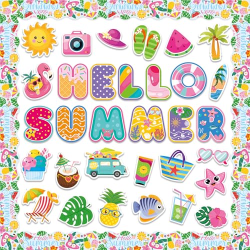 58Pcs Summer Bulletin Board Decorations Set Hello Summer Cutouts Classroom Decor Tropical Hawaiian Paper Cutouts for Home School Classroom Bulletin Board Wall Decor