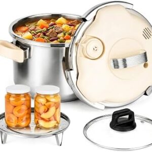 Pressure Cooker Stainless Steel Olla de Presion, 10 Quart, Pressure Canner 3-In-1 Stovetop Pressure Pot with Glass Lid & Steamer, One-Hand Locking, Induction & Gas Compatible