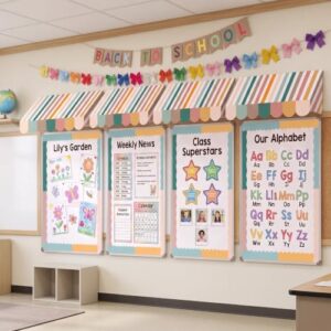 64 Pcs Back to School Bulletin Board Decor Kit with Classroom 4 Pcs 3D Awning and 60 Rolls 59ft Border Trim for Teachers Classroom Wall Chalkboard Decor(Boho)