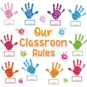 68Pcs Our Classroom Rules Bulletin Board Decorations Colorful Hands Paint Back to School Set Splatter behavior Handprint Paper Cutouts Bulletin Board Name tags for Teachers Chalkboard Wall Supplies