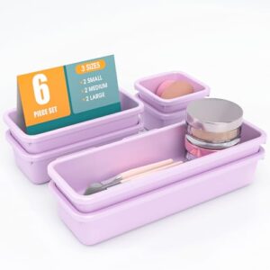 6 PCS Drawer Organizer Set, 3 Size Makeup Drawer Divider Organizer With Non-Slip Pads, Interlocking Plastic Storage Bins for Office,Jewelry Vanity,Gadgets, Bathroom,Kitchen, Purple