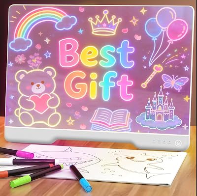 Rechargeable Led Drawing Board for Kids,Acrylic Transparent LED Note Board with Colors,Neon Light Up Message Sign,Glow Doodle Pad with Markers,Sketchbook,Great Gift for Birthday Christmas(White)