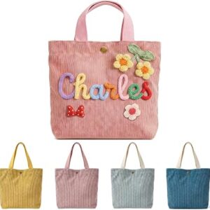 Personalized Corduroy Tote Bag Custom Name 3D Crochet Flower Tote Bag Girls