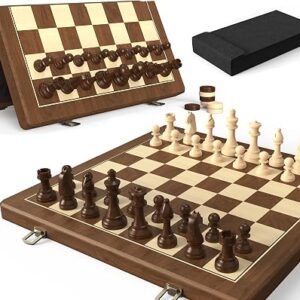 Premium Natural Walnut 15″ Magnetic Wooden Folding Chess & Checkers Set- 2 in 1 Board Game with 3″ King Staunton Pieces and 2 Extra Queens, Checkers, and Dust-Proof Storage Bag (Black)