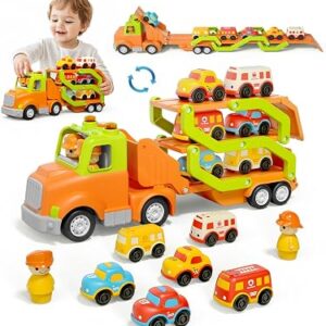 Veslier Toddler Toys for 2 3 4 5 Years Old Kids, Transport Car Carrier Truck Toy with 6 Vehicle, 30in Foldable Track Trailer with Light & Sound Effects, Birthday Gift for 18 Months to 5 Years Old Boys