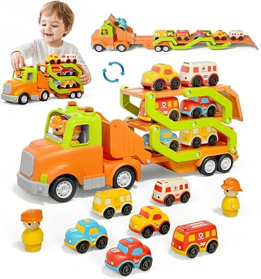 Veslier Toddler Toys for 2 3 4 5 Years Old Kids, Transport Car Carrier Truck Toy with 6 Vehicle, 30in Foldable Track Trailer with Light & Sound Effects, Birthday Gift for 18 Months to 5 Years Old Boys
