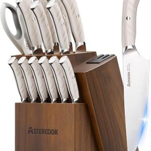 Astercook Knife Set Kitchen with Block and Dual Sharpener Full Tang 15 Pcs German Stainless Steel Knives Dishwasher Safe Utensils Set with Ergonomic Handle, Elegant White