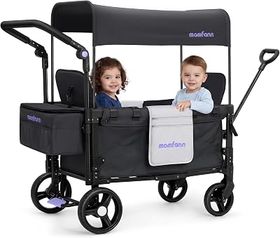 MOMFANN Stroller Wagon for Kids, Double Wagon Stroller Toddlers, All-Terrain Baby Wagon with Canopy & 2 Seaters, Adjustable Handle & Pull Bar for Infants and Toddlers, Gray