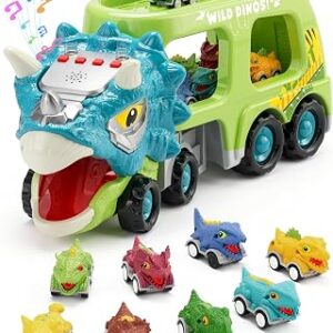 9 in 1 Dinosaur Toys for Boys, Dinosaur Transport Truck with 8 Pull Back Dino Cars, Toys for 3 4 5+ Year Old Toddlers, Birthday for Grandkids, Blue Green