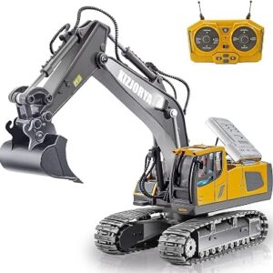 KIZJORYA Remote Control Excavator, Toys for Boys Age 6-12, Rechargeable 11 CH RC Construction Vehicles Truck with Sound Light Metal Shovel, Birthday for Kids 7 8 9 10+ Year Old(2.4 GHz)