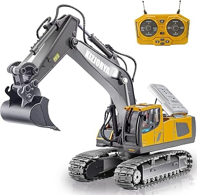 KIZJORYA Remote Control Excavator, Toys for Boys Age 6-12, Rechargeable 11 CH RC Construction Vehicles Truck with Sound Light Metal Shovel, Birthday for Kids 7 8 9 10+ Year Old(2.4 GHz)