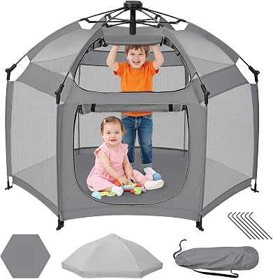 Dripex Baby Playpen, Portable Pop Up Playpen with Canopy, Beach Tent Grey