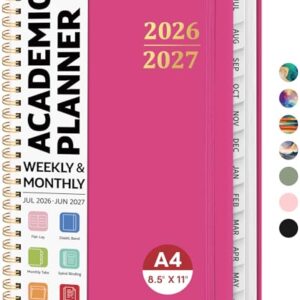 8.5" x 11" Academic Planner 2026-2027, Weekly & Monthly Calendar Planner Book, July 2026 – June 2027, Large Hardcover Organizer with Tabs, Perfect for Teachers, Students, Women & Men – A4, Hot Pink