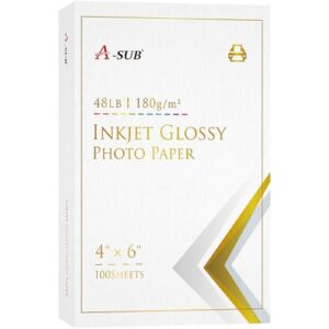 A-SUB Glossy Photo Paper 4x6 Inches for Inkjet Printer 48lb 100 Sheets