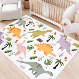 ABREEZE Cartoon Dinosaur Area Rug for Playroom 47"x71" Imitation Cashmere Material Soft Fluffy Non-Slip Washable Kids Area Rug and Dinosaur Plant Elements Rugs for Bedroom Living Room Nursery Room