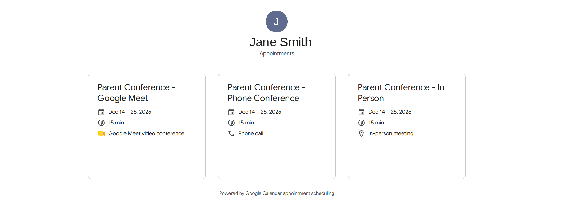 The All booking pages view showing three parent conference booking pages: Google Meet, Phone Conference, and In Person
