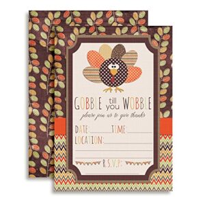 Amanda Creation Thanksgiving Invitations with Envelopes, Gobble Till You Wobble Cards, 20 Pack 5x7 Fill-In Turkey Party Invites
