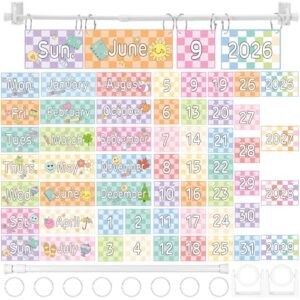 AmazingSpark 54 Pcs Pastel Checkerboard Flip Calendar Bulletin Board Set Pastel Checkerboard Flip Calendar for Classroom Decor with Adjustable Holder 54 Date Cards for Preschool Classroom Decoration