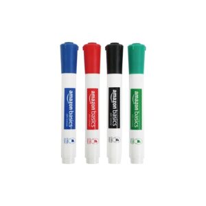 Amazon Basics Low-Odor Dry Erase Whiteboard Markers, Chisel Tip, Quick-Dry, Black, Red, Green, Blue, 4-Pack