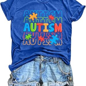 Autism Awareness T-Shirt Women Autistic Support Graphic Shirt Casual Puzzle Piece Tee Tops Short Sleeve