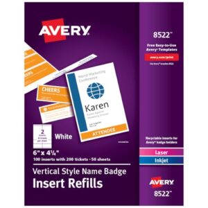 Avery® Customizable Name Badge and Ticket Inserts, 6" x 4.25", White, 100 Printable Name Tag Inserts with Tickets (8522)