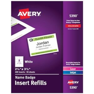 Avery Customizable Name Badge Inserts, 2.25" x 3.5", White, 400 Printable Name Tag Inserts (5390)