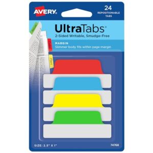 Avery Margin Ultra Tabs, 2.5" x 1", Repositionable, 24 Tabs