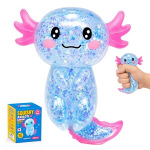 Axolotl Squishy Toy Stress Relief Glitter Fidget,Cute Long Tail Fidget Axolotl Squishy Toy for Kids & Adults, Squishy Gifts Salamander for Party Birthday (Blue)