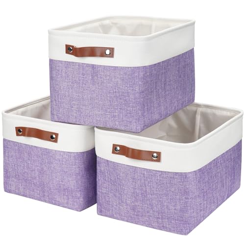 Bagnizer Storage Bins Large Fabric Storage Baskets for Shelves 3 Pack, Decorative Linen Closet Baskets with Handles for Organizing, Shelf, Clothes, Home, Office, 15x11x9.5Inches (Purple&White)