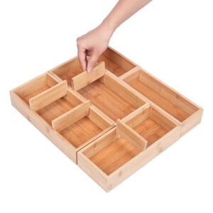 Bamboo Drawer Organizers Set with Removable Dividers, 5PCS Adjustable Multi-Use Wood Storage Organizers(5-9 Grids), Desk Drawer Tray for Bathroom, Office, Dresser, Storage Box for Jewelry, Makeup