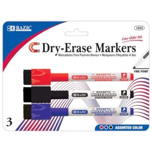 BAZIC PRODUCTS Assorted Magnetic Dry Erase Markers w/Eraser, 3 Count