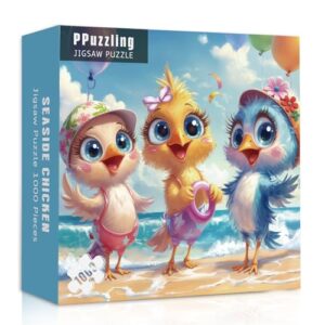 Beach Chicken Puzzles for Adults 1000 Pieces, Thanksgiving Chicken Family Jigsaw Puzzles, Colorful Cute Animal Puzzle as Home Wall Art