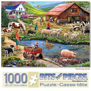 Bits and Pieces – 1000 Piece Jigsaw Puzzle for Adults – Watering Hole - Farm Animals, Barn Jigsaw Puzzle by Artist Mary Thompson, Completed Puzzle Size: 20" x 27"