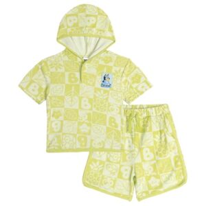 Bluey Toddler Boy or Girl French Terry Checkerboard Short Sleeve Hooded Shirt and Shorts Outfit Green Checker 2T