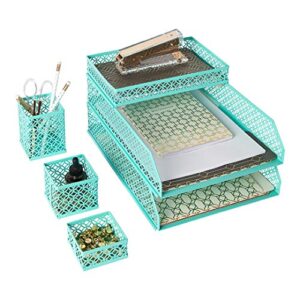 BLU MONACO | Aqua Desk Organizer Set for Women 6 Piece | Mail Sorter Organizer Countertop with Letter Sorter for Desk | Standing File Organizer with Mesh Pen Holders