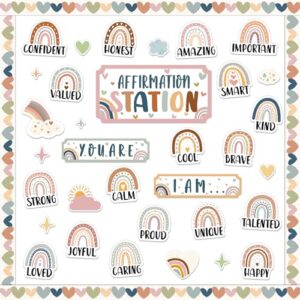 BOHO Affirmation Station Bulletin Board Set Rainbow Motivational Posters for Classroom Decors I Am Positive Affirmations Accent Cutouts Inspirational Bulletin Board for Home School Teacher Wall Supply