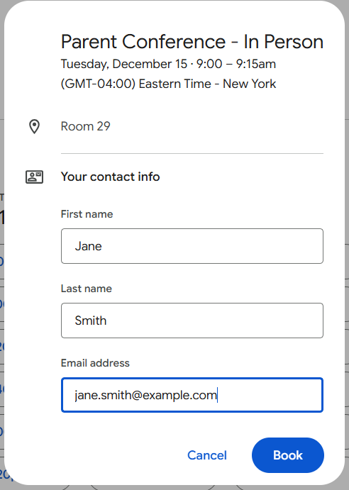 The booking form showing the conference name, date and time, room, and fields for first name, last name and email address