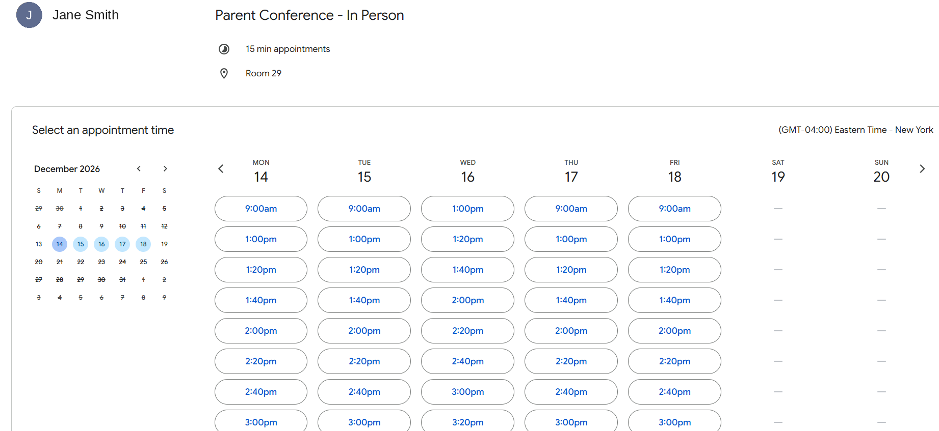 A parent conference booking page showing 15 minute appointments in Room 29 with a grid of available times