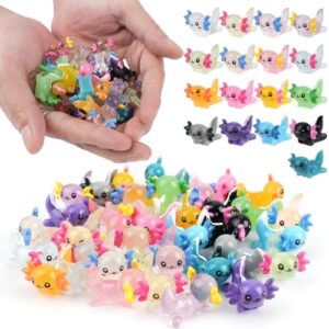 BuQiuRen 34pcs Mini Resin Axolotl, Glow in The Dark Tiny Axolotl Miniature Figures Toy Tiny Plastic Animal Figurines for Fairy Garden Landscape Aquarium Potted Birthday Christmas Party Decorations