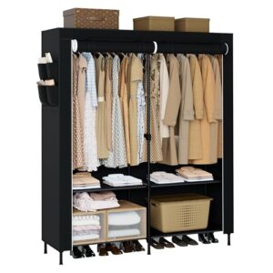 CASAMAYA Portable Closet, 54.3 Inch Large Capacity Wardrobe Closet with Cover, Clothes Storage Organizer with Shelves and 2 Hanging Rods, Easy to Assembly, Black PCT102B01