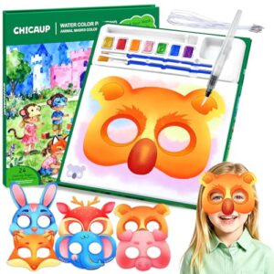 CHICAUP Paint with Water Coloring Books for Kids, 24 Pcs Paper Mache Masks, Jungle Zoo Animals Cartoon Masks, Mess Free Watercolor Painting Activity for Kids