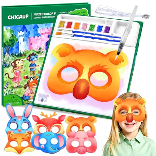 CHICAUP Paint with Water Coloring Books for Kids, 24 Pcs Paper Mache Masks, Jungle Zoo Animals Cartoon Masks, Mess Free Watercolor Painting Activity for Kids