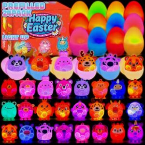 ChildFun Prefilled Easter Eggs with Light Up 3D Animal Pop Toys, 24 Pack Easter Eggs Filled, Easter Basket Stuffers for Kids Eggs Hunt, Glow in The Dark Easter Egg, Easter Gifts for Kids