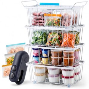 CHILLARO Deep Freezer Organizer Bins 4-Pack White with Portable Heat Sealer & Reusable PEVA Bags, Heavy-Duty Stackable Chest Freezer Storage Baskets,15 x 7 x 6 in, White
