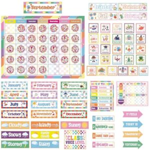 Classroom Calendar Bulletin Board Set Classroom Decorations with Seasons Weather Days of the Week Chart with Hook and Loop Dots for Elementary Preschool Home Office Wall Teacher Supplies(Disco Retro)