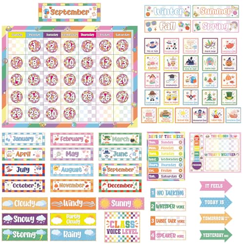 Classroom Calendar Bulletin Board Set Classroom Decorations with Seasons Weather Days of the Week Chart with Hook and Loop Dots for Elementary Preschool Home Office Wall Teacher Supplies(Disco Retro)