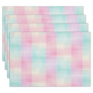 Colorful Buffalo Plaid Placemats Set of 4, 12x18 Inch Waterproof Wipeable Washable Linen Place Mats, Watercolor Plaid Table Mats Decor for Indoor Outdoor Dining Table Kitchen Holiday Party -b12