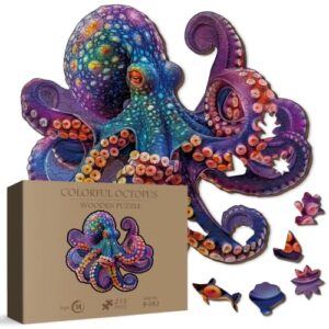 Colorful Octopus Wooden Puzzle for Adults 215 Pieces, Unique Ocean Animal Wood Puzzle for Adults, Funny Sea Puzzle 215 Pieces