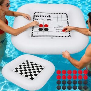 Conderyang 3-in-1 Pool Games Set Inflatable Giant Tic Tac Toe Checkers Board Game with 24 Chips 3.48Ft Double-Sided Foldable Float Water Toys Outdoor Play for Summer Swimming Pool Family Reunion Party